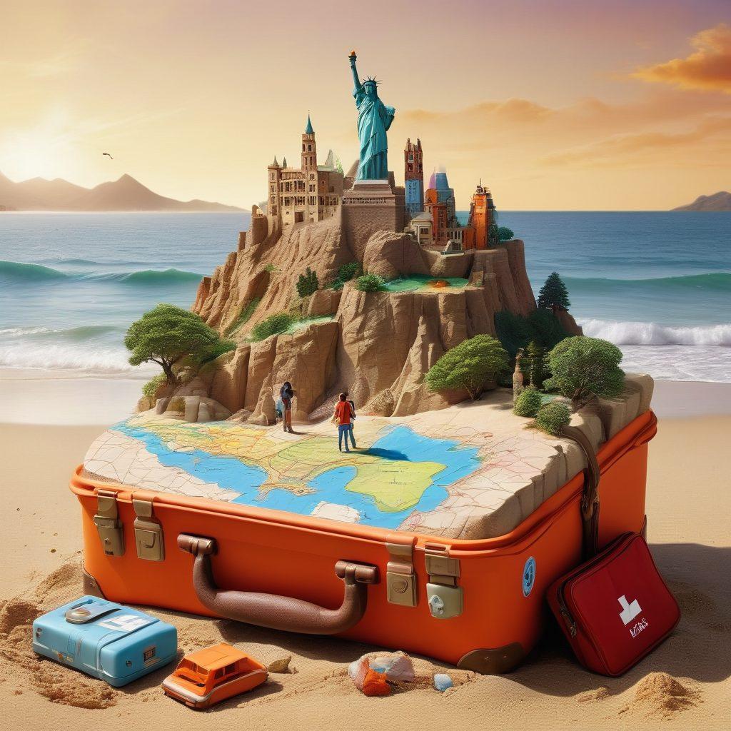 A collage depicting various travel scenarios including a family on a beach, an adventure couple hiking in the mountains, and a solo traveler in a bustling city, each highlighted with symbols of essential insurance coverage like a shield, a first-aid kit, and a travel bag. The background should feature a world map with travel routes and landmarks. The design evokes a sense of security and adventure. super-realistic. vibrant colors. 3D.