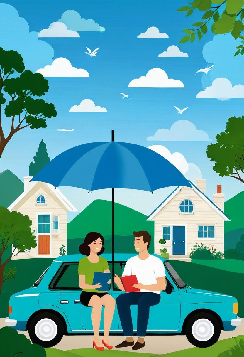 A visually captivating illustration depicting a couple sitting together, surrounded by various forms of insurance symbols like a sturdy home, a family car, and health symbols, with a protective umbrella overhead representing security. The background should feature a serene landscape symbolizing stability and peace of mind. Vibrant colors. vector art.