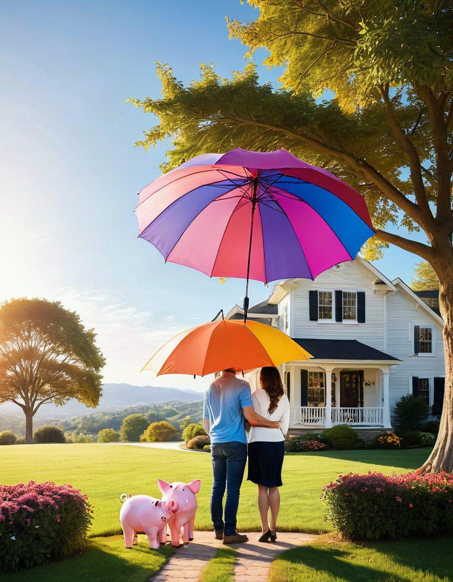 A warm, inviting scene depicting a family embracing under a protective umbrella labeled 'Love Insurance', surrounded by symbols of financial security like a sturdy piggy bank, a house, and a heart-shaped lock. The background features a serene landscape, evoking feelings of safety and trust. Use vibrant colors to enhance the emotional warmth. super-realistic. vibrant colors. soft focus.